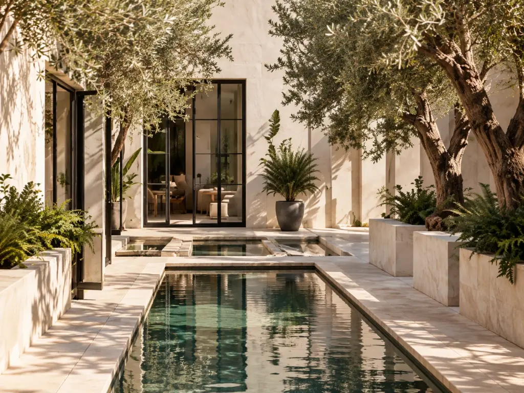 An imagined hospitality courtyard with olive trees, cream stone and a reflecting pool.